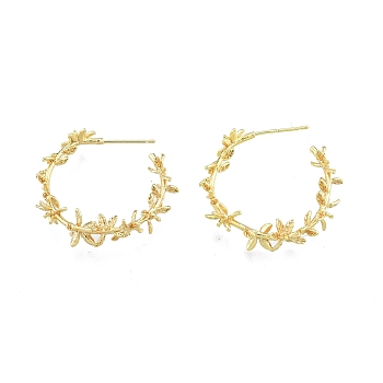Brass Flower of Life Wrap Stud Earrings, Half Hoop Earrings for Women, Nickel Free, Real 18K Gold Plated, 30~31x4~7mm, Pin: 0.6mm