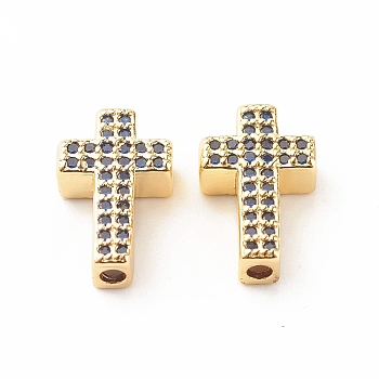 Rack Plating Brass Cubic Zirconia Beads, Cadmium Free & Lead Free, Real 18K Gold Plated, Cross, Steel Blue, 15x9x4mm, Hole: 1.7mm