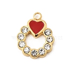 304 Stainless Steel Rhinestone Pendants, Ring Charms, Enamel Style, Ion Plating(IP), Real 18K Gold Plated, Heart, 13x10.5x2.5mm, Hole: 1.5mm(STAS-P431-38A-G)