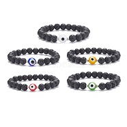 Natural Lava Rock Round Beaded Stretch Bracelet with Evil Eye Lampwork, Essential Oil Gemstone Jewelry for Women, Mixed Color, Inner Diameter: 2-1/8 inch(5.4cm)(BJEW-JB07838)