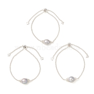 Natural Pearl Link Slider Bracelet, 304 Stainless Steel Jewelry, Silver, 10-1/4 inch(26cm)(BJEW-JB09449-02)