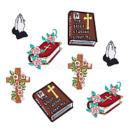 Religion Theme Computerized Embroidery Cloth Iron on Patches, Stick On Patch, Costume Accessories, Appliques, Bible/Cross/Praying Hands, Mixed Color, 59~97x38~62x1.5mm, 4pcs/set(PATC-WH0010-20)