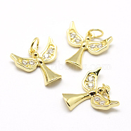 Brass Micro Pave Grade AAA Cubic Zirconia Charms, Angel, Lead Free & Nickel Free & Cadmium Free, Real 18K Gold Plated, 14x14x2mm, Hole: 3mm(X-ZIRC-P072-01G-NR)