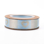 Polyester Ribbons, Single Face Golden Hot Stamping, for Gifts Wrapping, Party Decoration, Heart Pattern, Light Sky Blue, 5/8 inch(17mm), 10yards/roll(9.14m/roll)(SRIB-H038-02B)