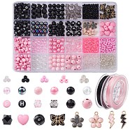 DIY Bracelet Making Kit, Including Acrylic & Glass Seed Beads, Elastic Thread, Alloy Enamel Pendants, Butterfly & Heart & Lightning Bolt & Cube, Pink, 3~20x0.8~14.5x0.8~9mm, Hole: 1~2mm(DIY-FS0005-13)
