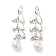 Plastic Imitation Pearl Pendants, with Alloy Findings and Jump Rings, Leaf, Silver, 28x8x6mm, Hole: 4mm(ENAM-M008-18S)