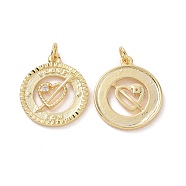 Brass Cubic Zirconia Pendants, with Jump Ring, Flat Round with Heart & Arrow & Word I LOVE YOU Charm, for Valentine's Day, Real 18K Gold Plated, 20.5x18x2mm, Hole: 3.4mm(KK-G453-13G)