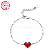 Rhodium Plated Platinum 925 Sterling Silver Charm Bracelets, with Red Enamel, with 925 Stamp, Heart, 5-1/8 inch(13cm)(AC7562-2)