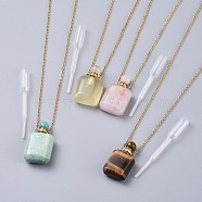 Natural Mixed Stone Perfume Bottle Pendant Necklaces, with Brass Cable Chains, Lobster Claw Claspsnd Plastic Dropper, Golden, 19.7~19.9 inch(50.2~50.6cm), Bottle Capacity: 0.15~0.3ml(0.005~0.01 fl. oz), 2mm(NJEW-F266-02G)