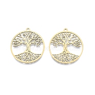 Ion Plating(IP) 201 Stainless Steel Pendant, Hollow Charms, Flat Round with Tree of Life, Real 18K Gold Plated, 38x35x1.5mm, Hole: 2mm(STAS-B027-13G)