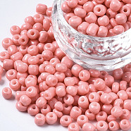 6/0 Glass Seed Beads, Baking Paint, Round Hole, Round, Light Coral, 4~5x3~5mm, Hole: 1.2~1.5mm, about 4500pcs/Pound(SEED-S058-A-F413)