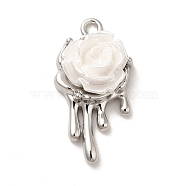 Opaque Resin Pendants, White Rose Charms, with Alloy Findings, Platinum, 24.5x13x8.5mm, Hole: 1.6mm(FIND-I033-09P)