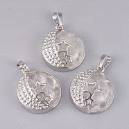 Natural Quartz Crystal Pendants, with Brass Findings, Flat Round with Star, Platinum, 26x23x9mm, Hole: 5x7mm(G-P373-G05)