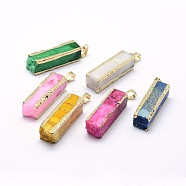 Natural Druzy Agate Crystal Pendants, with Golden Plated Brass Findings, Cuboid, Dyed, Mixed Color, 31~44x9~11mm, Hole: 5x8mm(G-A172-02)