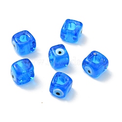 Handmade Evil Eye Lampwork European Beads, Large Hole Beads, Cube, Dodger Blue, 8~9x9~10x9~10mm, Hole: 4.3mm(LAMP-G143-06A)