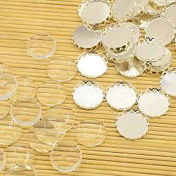 Brass Cabochon Settings and Flat Round Transparent Clear Glass Cabochons, Cadmium Free & Lead Free, Silver Color Plated, Tray: 18mm, Glass: 18x4mm(KK-X0003-S-RS)