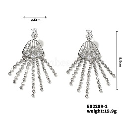 Fashionable Shiny Tassel Stud Earrings with Diamonds and Fan Shape, Platinum, 85x25mm(PR1354)