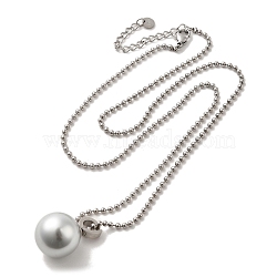 Natural Pearl Round Pendant Necklace with 304 Stainless Steel Ball Chains, Stainless Steel Color, 20.08 inch(51cm)(NJEW-K255-01P)