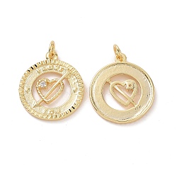 Brass Cubic Zirconia Pendants, with Jump Ring, Flat Round with Heart & Arrow & Word I LOVE YOU Charm, for Valentine's Day, Real 18K Gold Plated, 20.5x18x2mm, Hole: 3.4mm(KK-G453-13G)