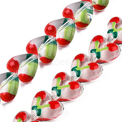 Transparent Acrylic Beads Strands, with Enamel, Heart with Cherry, Red, 15x17x8.5mm, Hole: 1.5mm, about 35pcs/strand, 19.09 inch(48.5cm)(ACRC-T011-06)