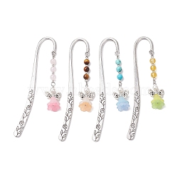 4Pcs 4 Colors Alloy Hook Bookmarks, Natural Rose Quartz & Tiger Eye & Synthetic Citrine & Green Turquoise Beads and Acrylic Angel Charms Bookmarks, Mixed Color, 118x25mm, 1pc/color(AJEW-TA00025)