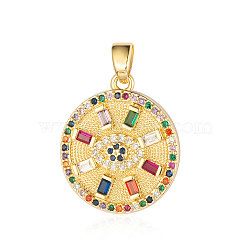 Brass Micro Pave Cubic Zirconia Pendants, Flat Round with Evil Eye Charms, Real 18K Gold Plated, 21x18x2.6mm(ZIRC-OY001-63G)