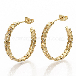Brass Micro Pave Clear Cubic Zirconia Stud Earrings, Half Hoop Earrings, with Earring Backs, Curb Chain Shape, Real 16K Gold Plated, 29x28mm, Pin: 1mm(EJEW-S208-018)