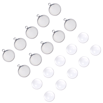 DIY Pendants Making, with 304 Stainless Steel Cabochon Settings and Clear Half Round Glass Cabochons, Flat Round, Stainless Steel Color, Cabochons: 16x8mm, Settings: 21.5x18x2mm, 2pcs/set