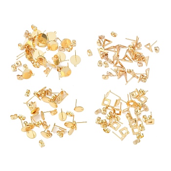 80Pcs 4 Style 201 & 304 Stainless Steel Stud Earring Findings, with 304 Stainless Steel Pins & Horizontal Loops, Oval & Rhombus & Flat Round, Real 24K Gold Plated, 9~13x7~10.5mm, Hole: 1~1.4mm, Pin: 0.8mm, 20Pcs/style