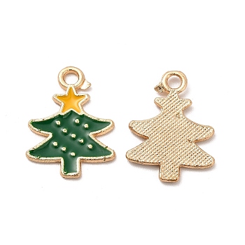 Alloy Enamel Pendants, Christmas Tree Charms, Light Gold, Green, 20x15x1.5mm, Hole: 2mm