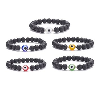 Natural Lava Rock Round Beaded Stretch Bracelet with Evil Eye Lampwork, Essential Oil Gemstone Jewelry for Women, Mixed Color, Inner Diameter: 2-1/8 inch(5.4cm)