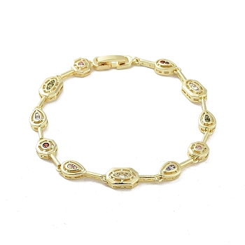 Brass Link Chain Bracelets, Colorful Cubic Zirconia Tennis Bracelet, Real 18K Gold Plated, 7-5/8 inch(19.4cm)