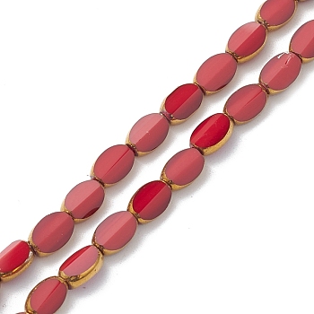 Electroplate Opaque Glass Beads Strands, Golden Plated, Oval, Red, 7x4x3mm, Hole: 1mm, about 50pcs/strand, 13.31''(33.8cm)