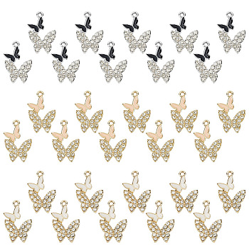 30Pcs 3 Colors Alloy Enamel Pendants, with Rhinestone, Butterfly Charm, Mixed Color, 23x12mm, 10pcs/color