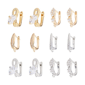 12Pcs 6 Style Brass Micro Pave Cubic Zirconia Hoop Earring Findings, with Latch Back Closure, Ear Wire, Platinum & Golden, 17.5~19x2.5~8x12.5~17.5mm, Pin: 0.8~1.2mm, 2pcs/style