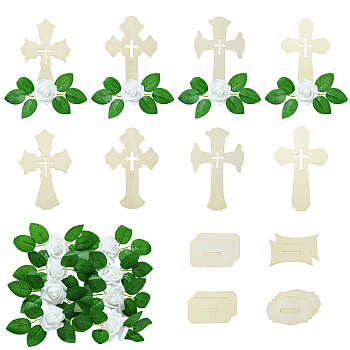 8 Styles Wood Craft Decorations, for Home Office Desk, Cross with Flower, Antique White, 170x110x2.4mm, 8pcs/set