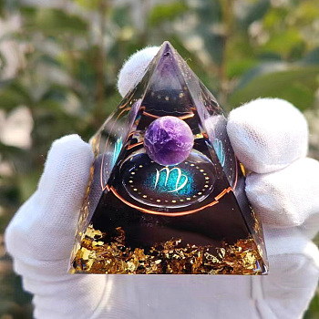 Orgonite Pyramid Resin Energy Generators, Reiki Natural Amethyst Inside for Home Office Desk Decoration, Virgo, 60x60x60mm