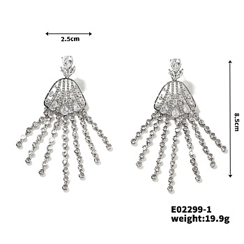 Fashionable Shiny Tassel Stud Earrings with Diamonds and Fan Shape, Platinum, 85x25mm