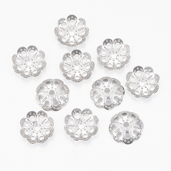 304 Stainless Steel Fancy Bead Caps, Flower, Multi-Petal, Stainless Steel Color, 9x2mm, Hole: 1.2mm