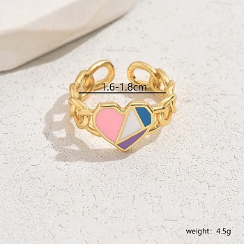 Exquisite Sweet Brass Enamel Colorblock Heart Cuff Ring for Women Daily Party Wear, Golden, Adjustable