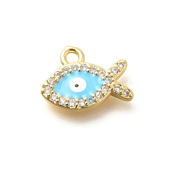 Brass Micro Pave Cubic Zirconia with Evil Eye Enamel Charms, Fish, Real 18K Gold Plated , Light Sky Blue, 9x11.5x2mm, Hole: 1.4mm