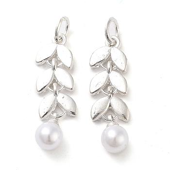 Plastic Imitation Pearl Pendants, with Alloy Findings and Jump Rings, Leaf, Silver, 28x8x6mm, Hole: 4mm