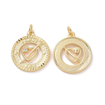 Brass Cubic Zirconia Pendants, with Jump Ring, Flat Round with Heart & Arrow & Word I LOVE YOU Charm, for Valentine's Day, Real 18K Gold Plated, 20.5x18x2mm, Hole: 3.4mm