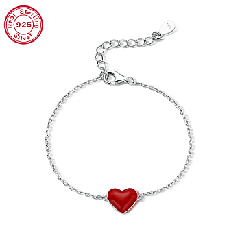 Rhodium Plated Platinum 925 Sterling Silver Charm Bracelets, with Red Enamel, with 925 Stamp, Heart, 5-1/8 inch(13cm)