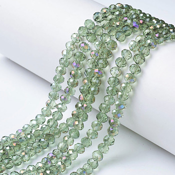 Electroplate Transparent Glass Beads Strands, Half Rainbow Plated, Faceted, Rondelle, Dark Sea Green, 4x3mm, Hole: 0.4mm, about 130pcs/strand, 16.54 inch(42cm)