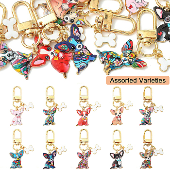 10Pcs 10 Styles Alloy Enamel Dog with Bone Pendant Decorations, with Swivel Clasps, Golden, Mixed Color, 58mm, 1pc/style
