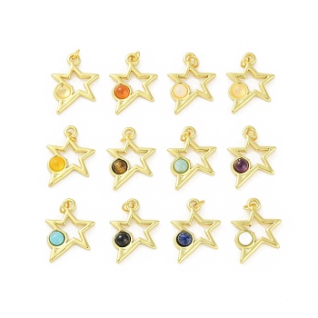 Natural & Synthetic Mixed Gemstone Pendants, 304 Stainless Steel Star Charms with Jump Rings, Real 18K Gold Plated, 17x15x4mm, Hole: 2.5mm