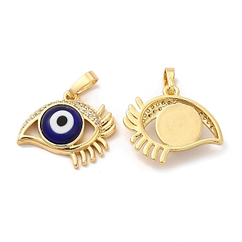 Rack Plating Brass Micro Pave Clear Cubic Zirconia Pendants, with Handmade Evil Eye Lampwork, Cadmium Free & Lead Free, Long-Lasting Real 18K Gold Plated, Eye Charm, Medium Blue, 17x19.5x5mm, Hole: 6x3mm
