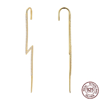925 Sterling Silver Ear Wrap Crawler Hook Earrings, with Cubic Zirconia, with S925 Stamp, Lightning Bolt, Clear, Real 18K Gold Plated, 65x6.5mm, Pin: 1.3mm