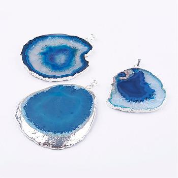 Natural Agate Big Pendants, with Brass Findings, Nuggets, Silver Color Plated, Dodger Blue, 59~91x32~65x3~6mm, Hole: 5x7mm